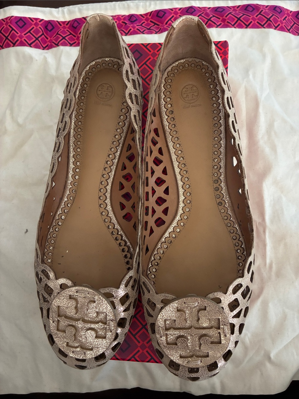 Tory Burch Metallic Laser-Cut Ballet Flats in Gold